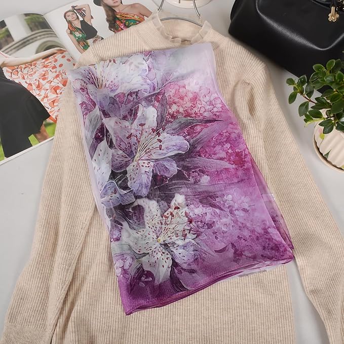100% Mulberry Silk Women's Neck Silk Scarf-Lightweight Shawl,FLoral Print Beach Silk Wrap-Scarves for Photography