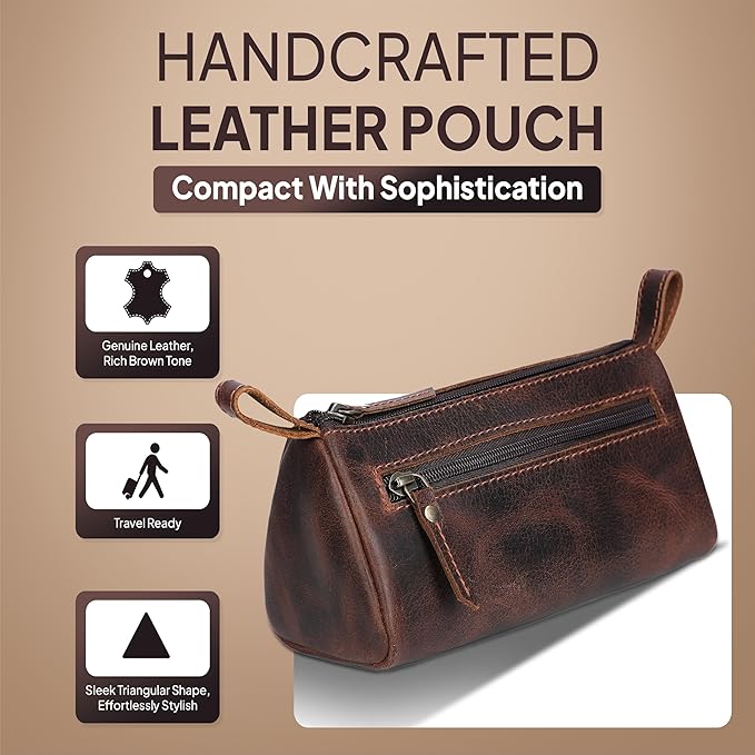 Brown Leather Cosmetic Bags for Women Travel Cosmetic Cases - Multipurpose Zippered Makeup Bag, Small leather Cosmetic Case for Purse - Genuine Leather Makeup Bag Handmade Makeup Pouch