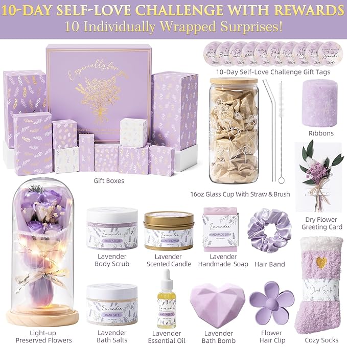 Valentines Gifts for Women & Teenage Girls, 10 Day Self Love Challenge to Unlock 10 Wrapped Spa Gift Baskets, Tween Teen Girl Trendy Stuff Bath Shower Sets Self Care Birthday Gifts Stocking Stuffers