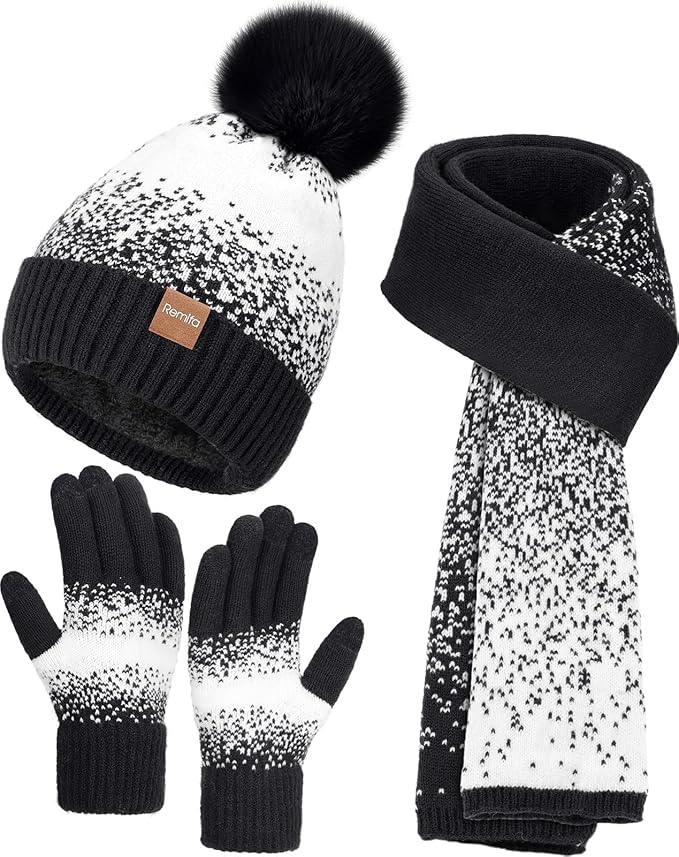 Remifa Womens Winter Beanie Hat Scarf Gloves Set, Pom Pom Warm Hat Long Knit Scarf Touchscreen Gloves 3 In 1 Christmas Gift