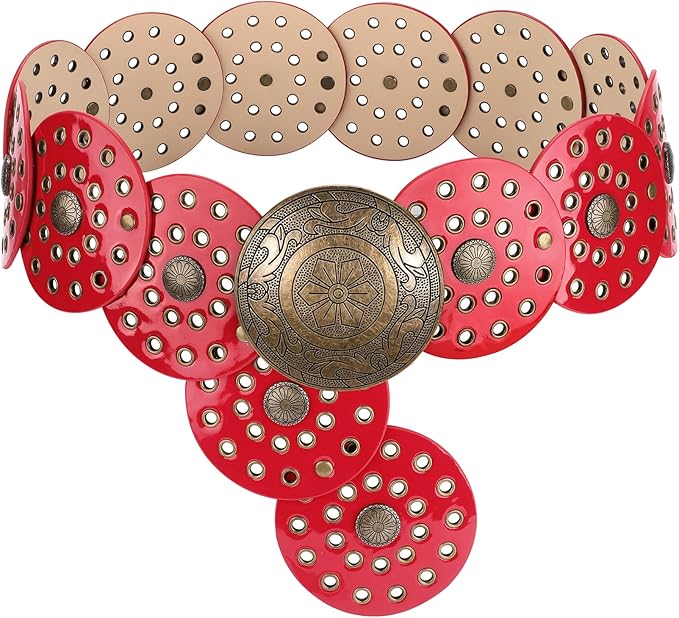LEACOOLKEY Women's Boho Disc Belt Wide Western Leather Belt Vintage Concho Waist Belts for Dress Jeans