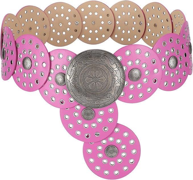 LEACOOLKEY Women's Boho Disc Belt Wide Western Leather Belt Vintage Concho Waist Belts for Dress Jeans