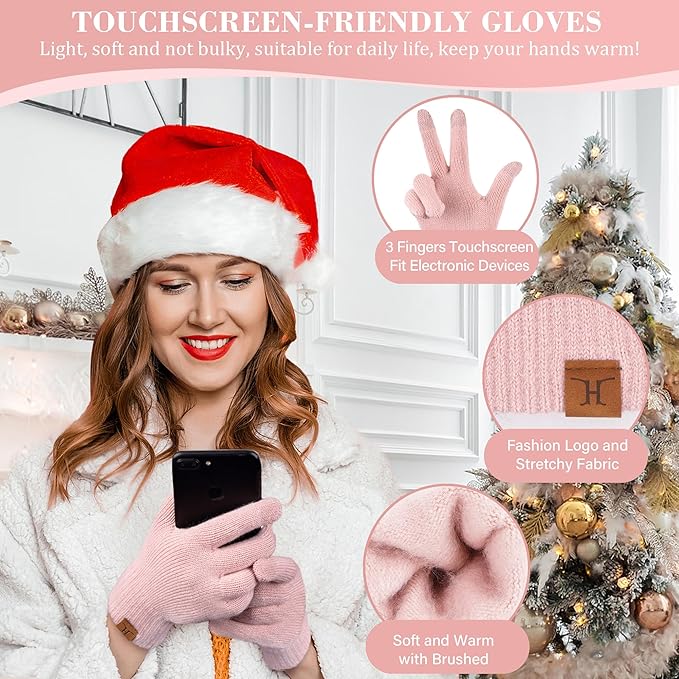 Womens Winter Beanie Hats Scarf Touchscreen Gloves Set Chenille Knit Fleece Lined Beanies Pompom Hat Scarves