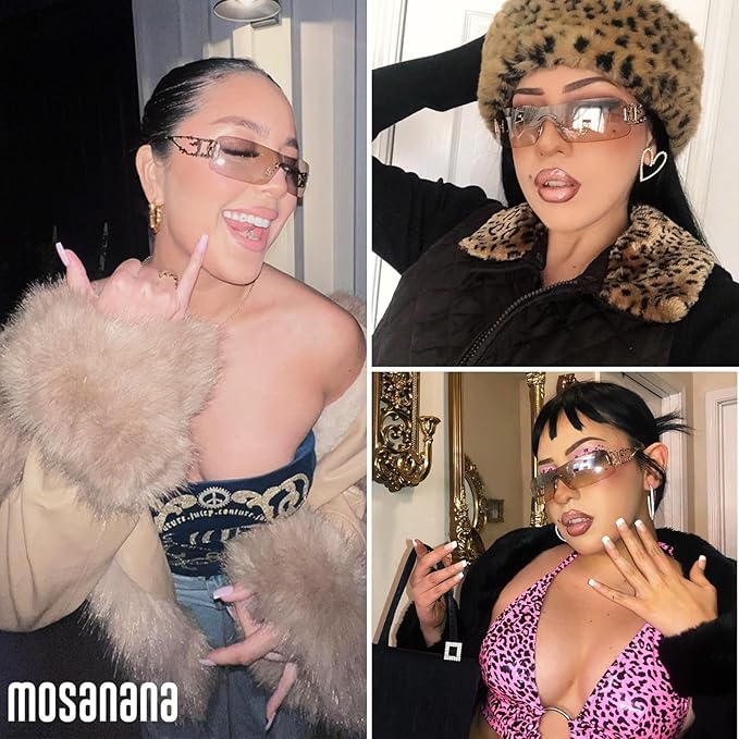 mosanana Y2K Rhinestone Flame Rectangle Sunglasses for Women with Bling Glitter MS52350