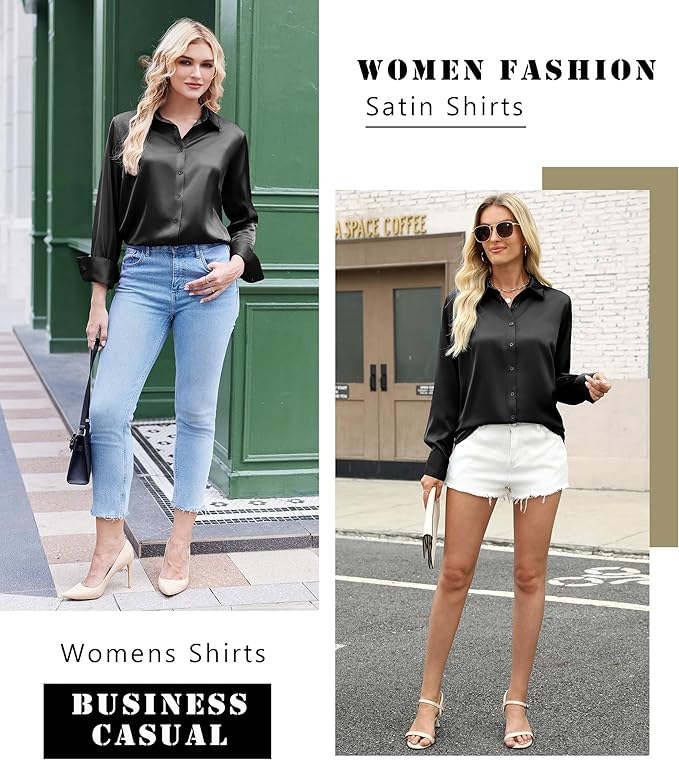 Zeagoo Satin Blouses for Women Silk Button Down Shirts Long Sleeve Business Casual Tops