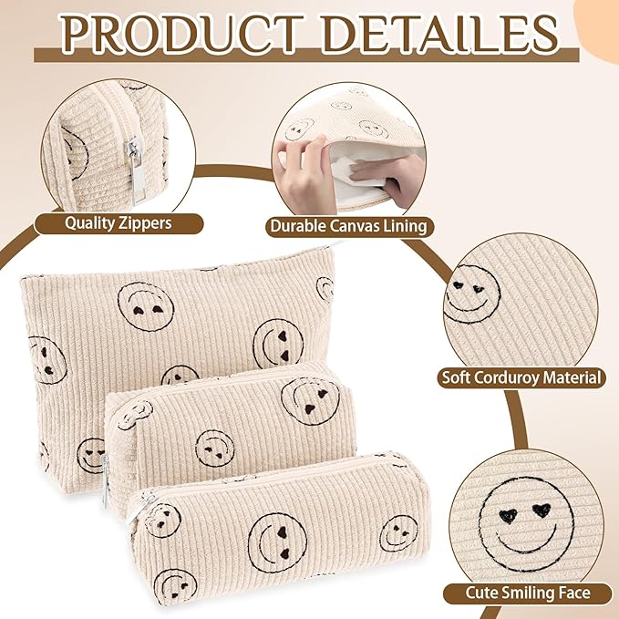 3 Pcs Makeup Bag Set for Women Corduroy Cosmetic Pouch Aesthetic Smile Travel Toiletry Bag Cute Purse Pouch Pencil Case Makeup Brushes Storage Organizer for Christmas(Beige,Smile Face)