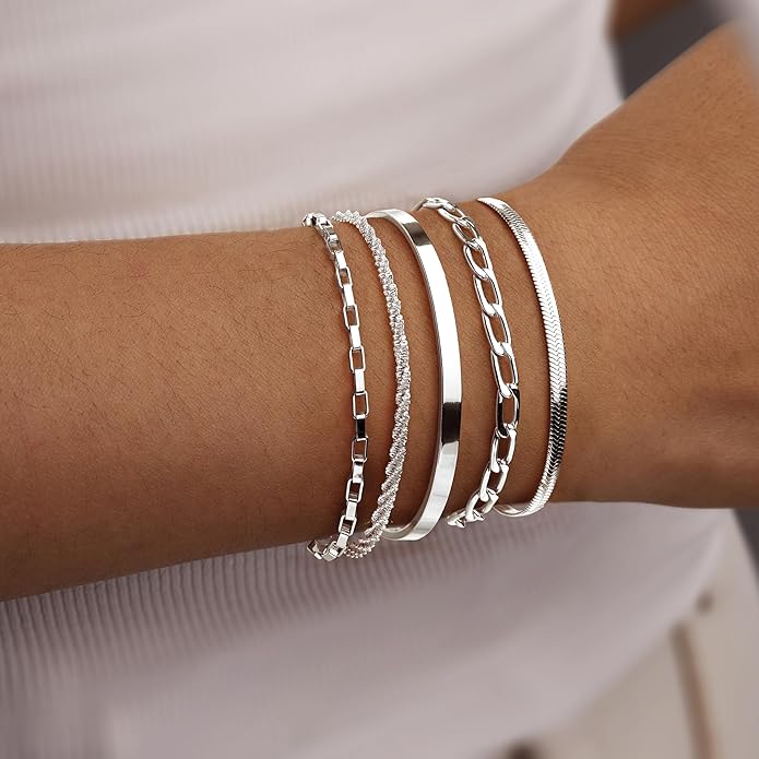 Dainty Thin Gold Bracelet for Women Stack, 14K Gold Plated Bracelet Stackable Set with Bangle Cuff, Box, Herringbone, Paperclip, Figaro, Sparkling Link Chains, Simple Waterproof Non Tarnish Minimalist Gifts for Women Trendy
