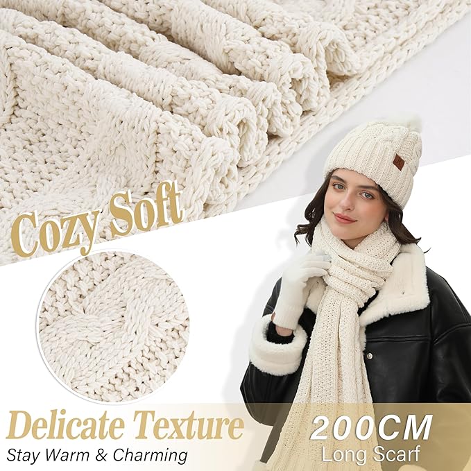 Womens Winter Beanie Hats Scarf Touchscreen Gloves Set Chenille Knit Fleece Lined Beanies Pompom Hat Scarves