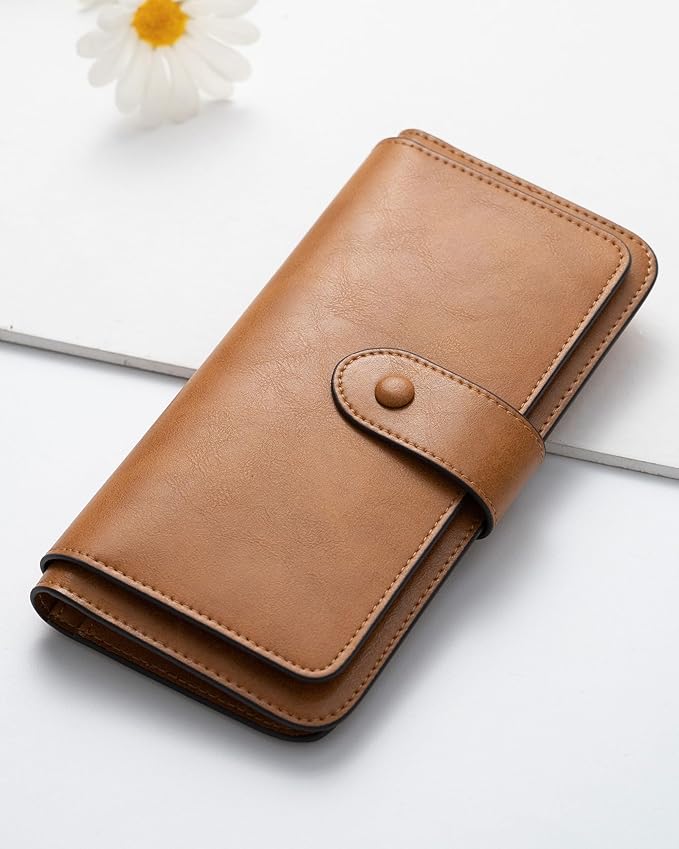 RFID Blocking Leather Wallet for Women, Slim Trifold with 14 Card Slots and Zipper Pocket (Brown)