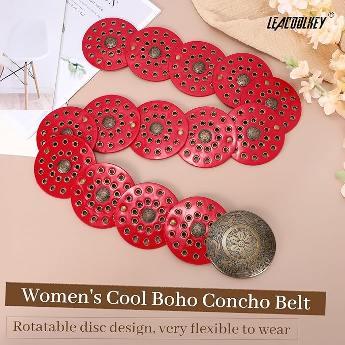 LEACOOLKEY Women's Boho Disc Belt Wide Western Leather Belt Vintage Concho Waist Belts for Dress Jeans