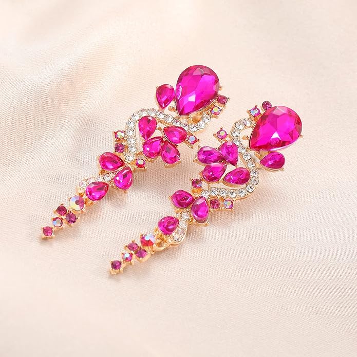Fashion Rhinestone Statement Drop Dangle Earrings Long Colorful Crystal Bridal Wedding Teardrop Chandelier Earrings for Women Prom Pageant