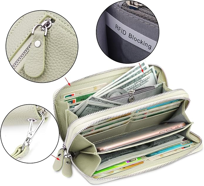 YALUXE Real Leather Zip Around Wallet RFID Blocking Wristlet Handbag Purse Clutch with Double Zipper Pockets