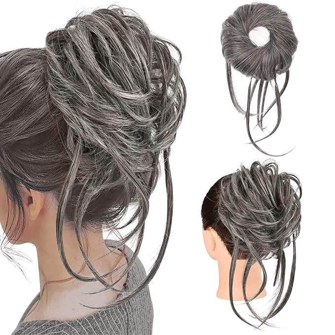 HOOJIH Messy Bun Hair Piece, Super Long Tousled Updo Hair Bun Extensions Wavy Hair Wrap Ponytail Hairpieces Scrunchies with Elastic Hair Band for Women HB007 Grace - Gray with Deep Brown Mixed