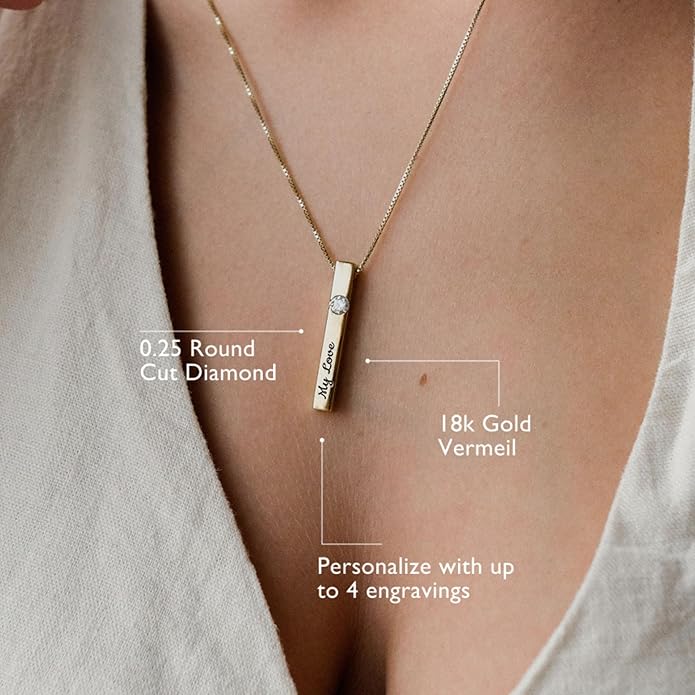 OAK & LUNA - Personalized Pillar Bar Necklace with Diamond Options - Custom Inscription Engraved Pendant - Up to 4 Names - Jewelry Gift for Women, Her, Mother For Mother's Day, Christmas