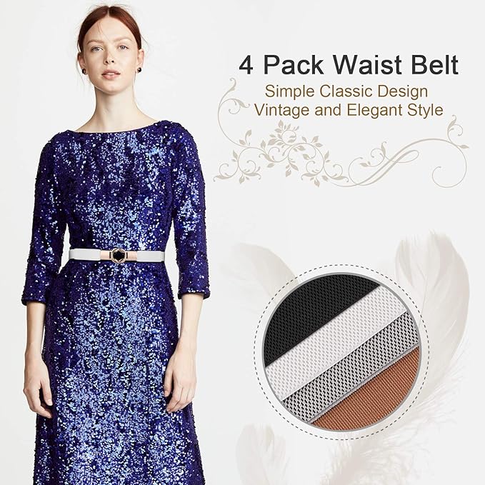 WERFORU Women Skinny Belt for Dresses Retro Stretch Waist Belt with Gold Buckle Set of 4
