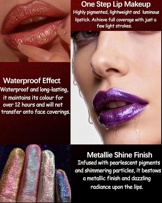 Glitter Dark Blue Metallic Lipstick for Women,Long Lasting Shimmer Sparkling Diamond Lipstick Glitter High Pigmented Lip Gloss Metallic Matte Red Lip Color Stain Waterproof Halloween Lips Makeup-14
