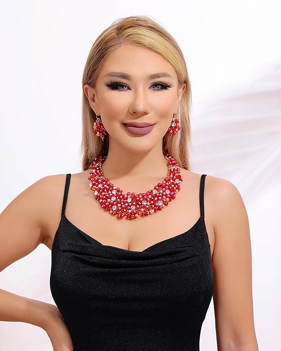 Bocar Fashion Crystal Chunky Collar Statement Necklace Earring Set for Women Gift (NK-10260)