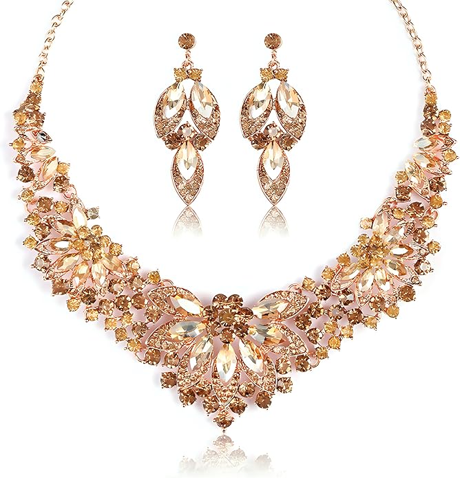 Women Jewelry Set Rhinestone Crystal Green Bride Statement Choker Necklace Teardrop Cluster Dangle Earrings Set for Wedding Party