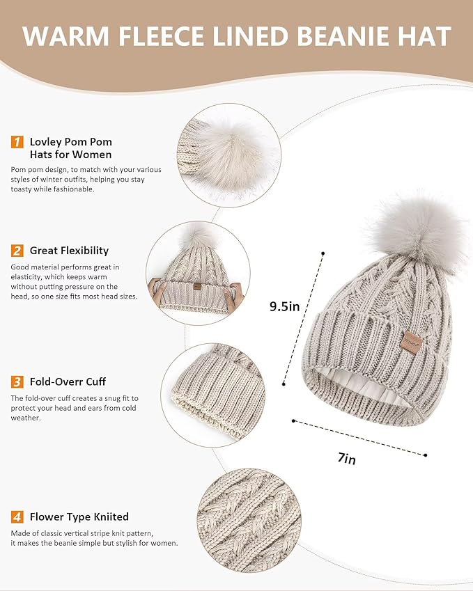 Womens Beanie Hat Scarf Gloves Set, Fleece Lined Winter Hat with Pom Pom, Long Knit Scarf Touchscreen Gloves for Cold Weather