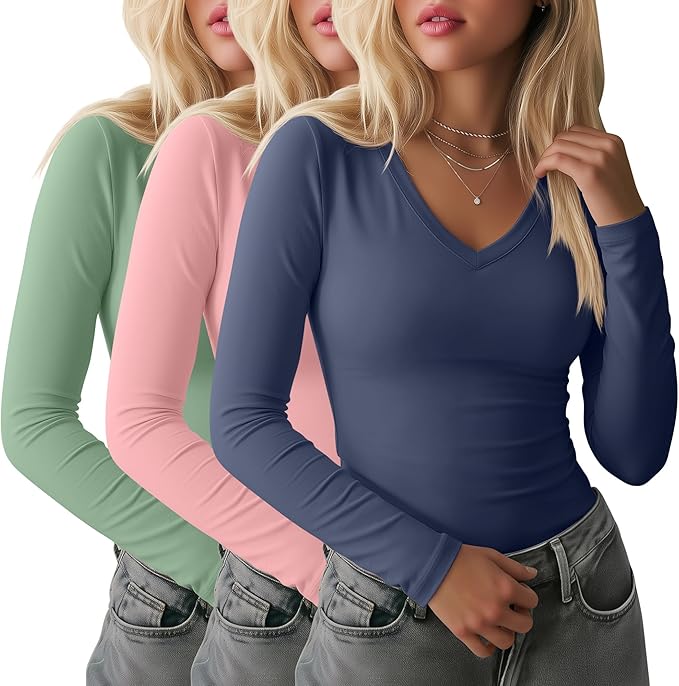 Ficerd 3 Pack Women's Long Sleeve Shirts, V Neck Basic Tees Slim Fitted Casual Fall Tops Going Out Blouses T Shirts