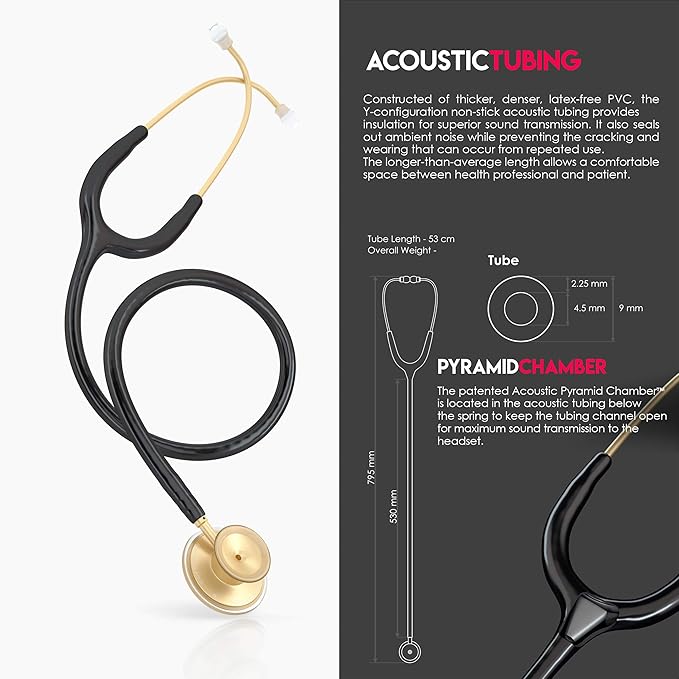 MDF Instruments, Acoustica Lightweight Stethoscope for Doctors, Nurses, Students, Home Health Use, Adult, Dual Head, Black Tube, Gold Chestpiece-Headset, MDF747XPK11