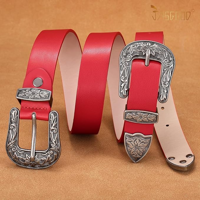 JASGOOD Double Buckle Western Belts For Woman Cowgirl Country Belt Vintage Black Leather Belt For Jeans Pants Dresses