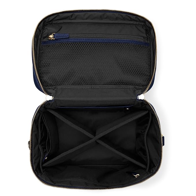 Leatherology Navy Blue XL Train Case – Full-Grain Leather Cosmetic Organizer with Spacious Interior, Removable Dividers, Water-Resistant Lining & D-Rings for Strap