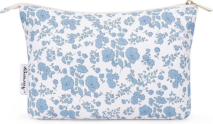 Narwey Small Makeup Bag for Purse Travel Makeup Pouch Cosmetic Bag Zipper Pouch Bags for Women (Little Blue Flower)