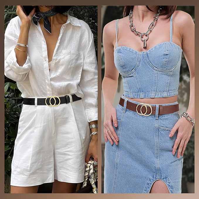 SANSTHS 2 Pack Women Leather Belts Faux Leather Jeans Belt with Double O Ring Buckle