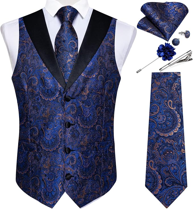 DiBanGu Mens Paisley Suit Vest Silk Jacquard Waistcoat and Necktie Set Formal Shawl Collar Dress Vest 7PCS for Wedding Party
