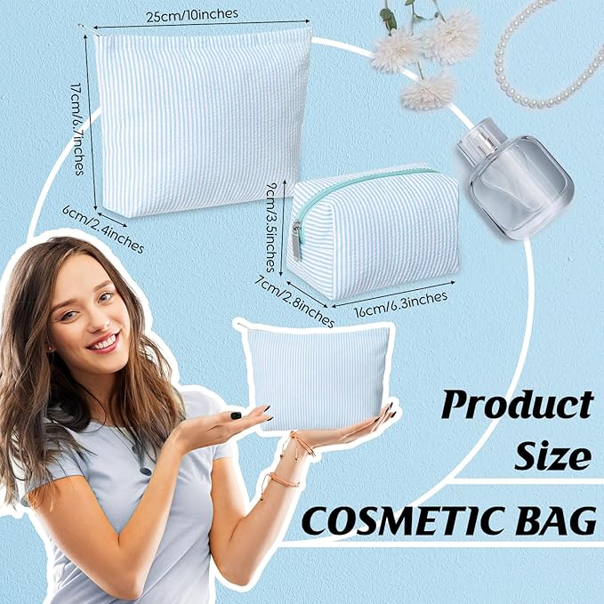 2 Pieces Makeup Bag Set Cute Cosmetic Pouch for Women Seersucker Travel Toiletry Bag Preppy Small Makeup Purse Pouch Aesthetic Skincare Brushes Storage Organizer for Christmas Women(Light Blue)