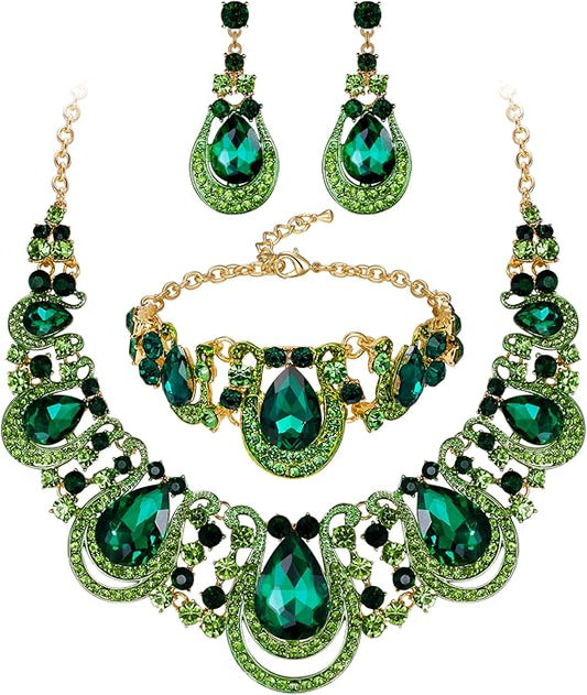 BriLove Women's Teardrop Crystal Statement Necklace Cluster Hollow Dangle Earrings Chain Bracelet Bib Jewellery Set for Wedding Bride Bridesmaid