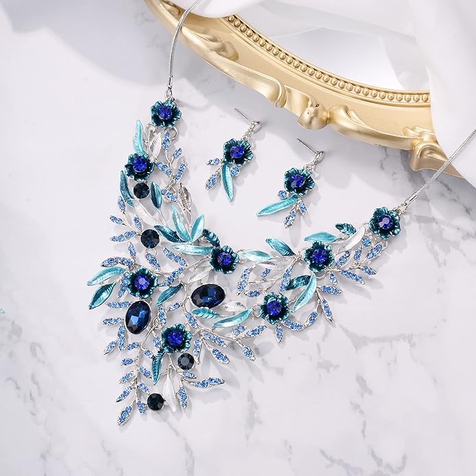 BriLove Wedding Bridal Leaf Cluster Jewelry Set for Women Crystal Flower Enamel Statement Necklace Dangle Earrings