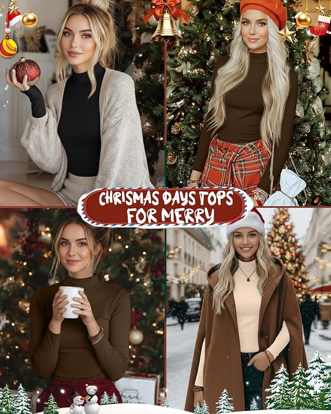 Ficerd 3 Pack Women's Mock Turtleneck Shirts, Long Sleeve Mock Neck Pullover Tops Slim Fitted Stretch Undershirt Tee Blouse