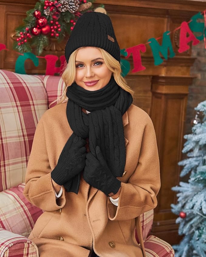 Womens Winter Beanie Hats Long Scarf Touchscreen Gloves Set Warm Knit Skull Caps Gifts for Women