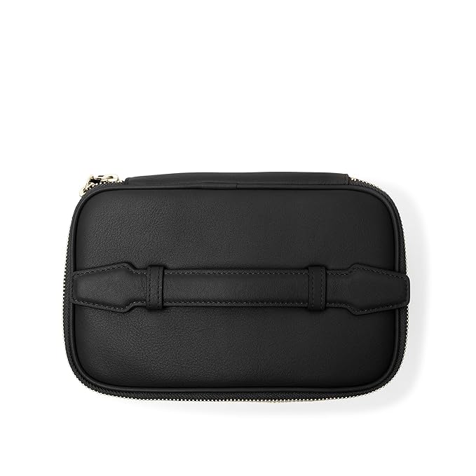 Leatherology Black Onyx Small Train Case – Full-Grain Leather Travel Cosmetic Bag with Water-Resistant Lining, Zippered & Open Pockets, Compact Beauty Organizer