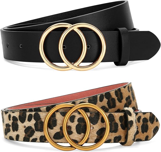 SANSTHS 2 Pack Women Leather Belts Faux Leather Jeans Belt with Double O Ring Buckle
