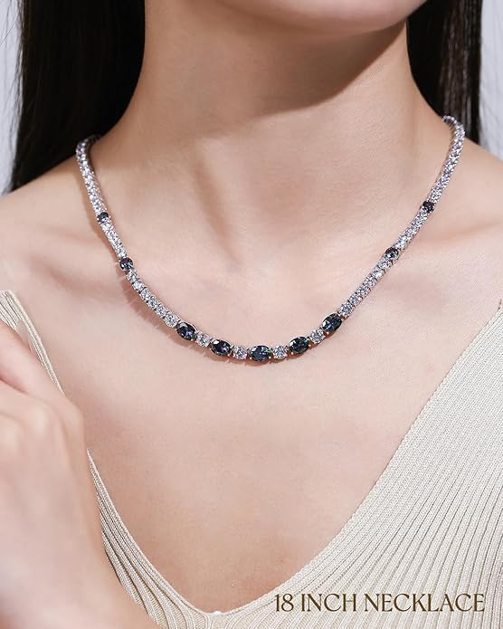 FANCIME Sterling Silver Tennis Necklace 4mm 18 inch Birthstone Necklace with 6 * 8mm Oval Gemstone Luxury Fine Birthday Jewelry Gifts for Women