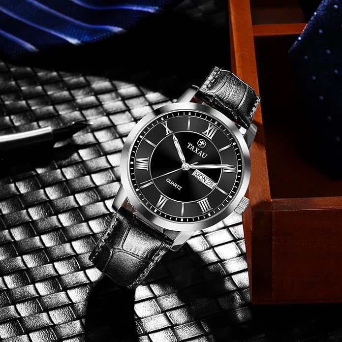 Leather Band Mens Watches with Day Date Quartz Analog Large Face Classic Watch Roman Numerals Dress Luminous Rlojes para Hombres