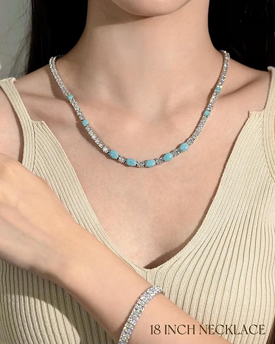 FANCIME Sterling Silver Tennis Necklace 4mm 18 inch Birthstone Necklace with 6 * 8mm Oval Gemstone Luxury Fine Birthday Jewelry Gifts for Women