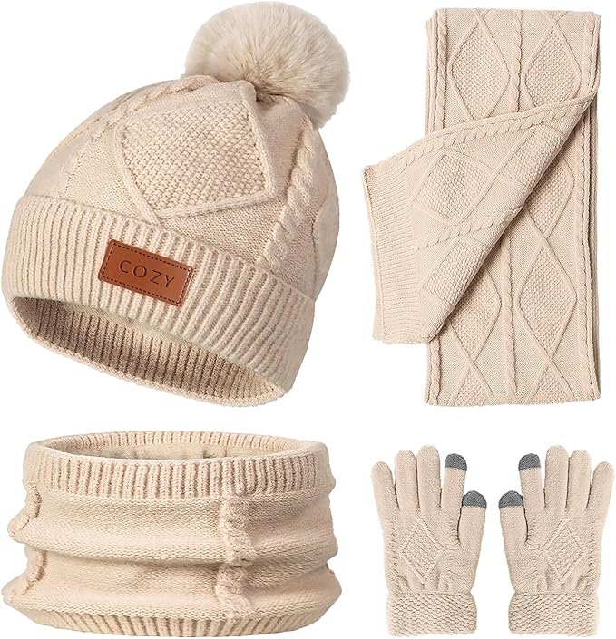 4 Pieces Winter Hat Scarf Glove Set for Women,Fleece Lined Beanie with Pom Pom,Touchscreen Gloves Knit Scarf for Cold Weather