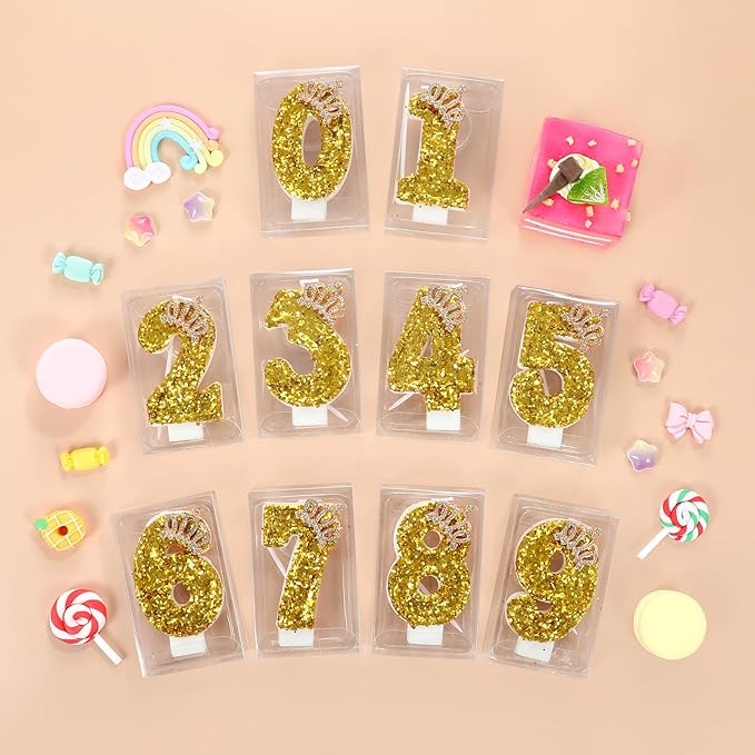 Gold Birthday Candle Crown Number 4 Candle with Sequins Cake Candles Cupcake Decorations Party Decor for Anniversary Celebrations Supplies