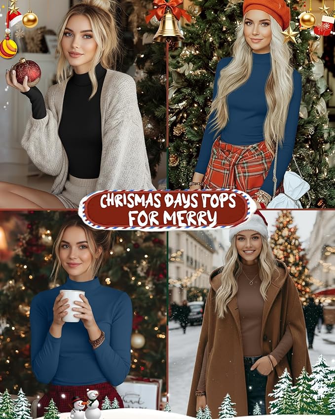 Ficerd 3 Pack Women's Mock Turtleneck Shirts, Long Sleeve Mock Neck Pullover Tops Slim Fitted Stretch Undershirt Tee Blouse