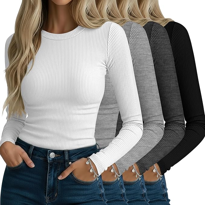 Neer 4 Pack Women's Ribbed Long Sleeve Shirts, Cotton Crew Neck Slim Fit Tops Stretch Knit Casual Base Layer Basic Tee Shirts