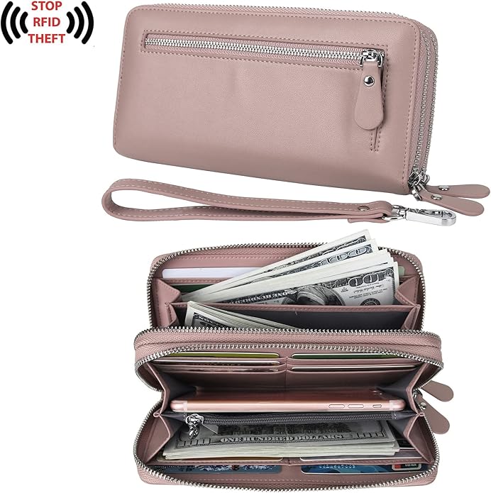 YALUXE Real Leather Zip Around Wallet RFID Blocking Wristlet Handbag Purse Clutch with Double Zipper Pockets