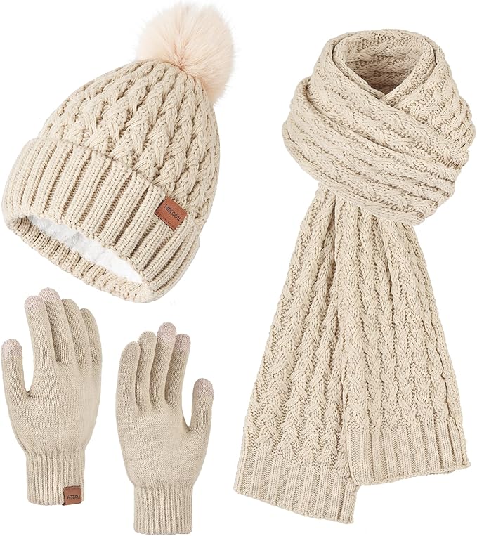 Womens Winter Warm Beanie Hat Long Neck Scarf and Touchscreen Gloves Set with Fleece Lined Pom Skull Caps for Women