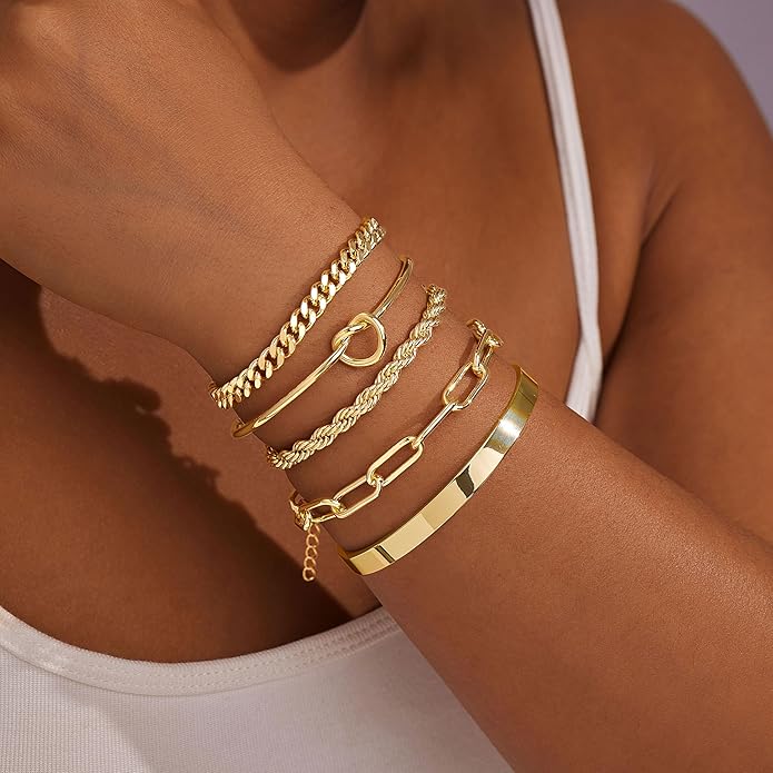 Gold Bracelets Set for Women Non Tarnish, 14K Gold Plated Sterling Silver Chunky Cuff Bracelet Stackable Gold Bangles Bracelet for Women Trendy Fashion Accessories Tie Knot Cuban Rope Paperclip Beaded Bracelet Stack Jewelry Valentines Day Gifts