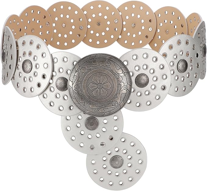 LEACOOLKEY Women's Boho Disc Belt Wide Western Leather Belt Vintage Concho Waist Belts for Dress Jeans