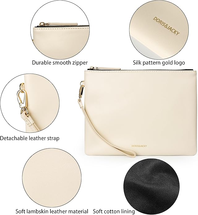 DORIS&JACKY Lambskin Leather Wristlet Clutch Purse for Women Soft Designer Slim Cell Phone Pouch Bag with Detachable Strap