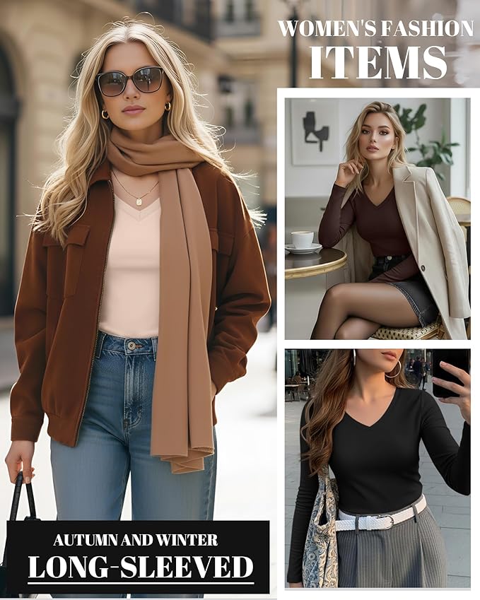 Ficerd 3 Pack Women's Long Sleeve Shirts, V Neck Basic Tees Slim Fitted Casual Fall Tops Going Out Blouses T Shirts